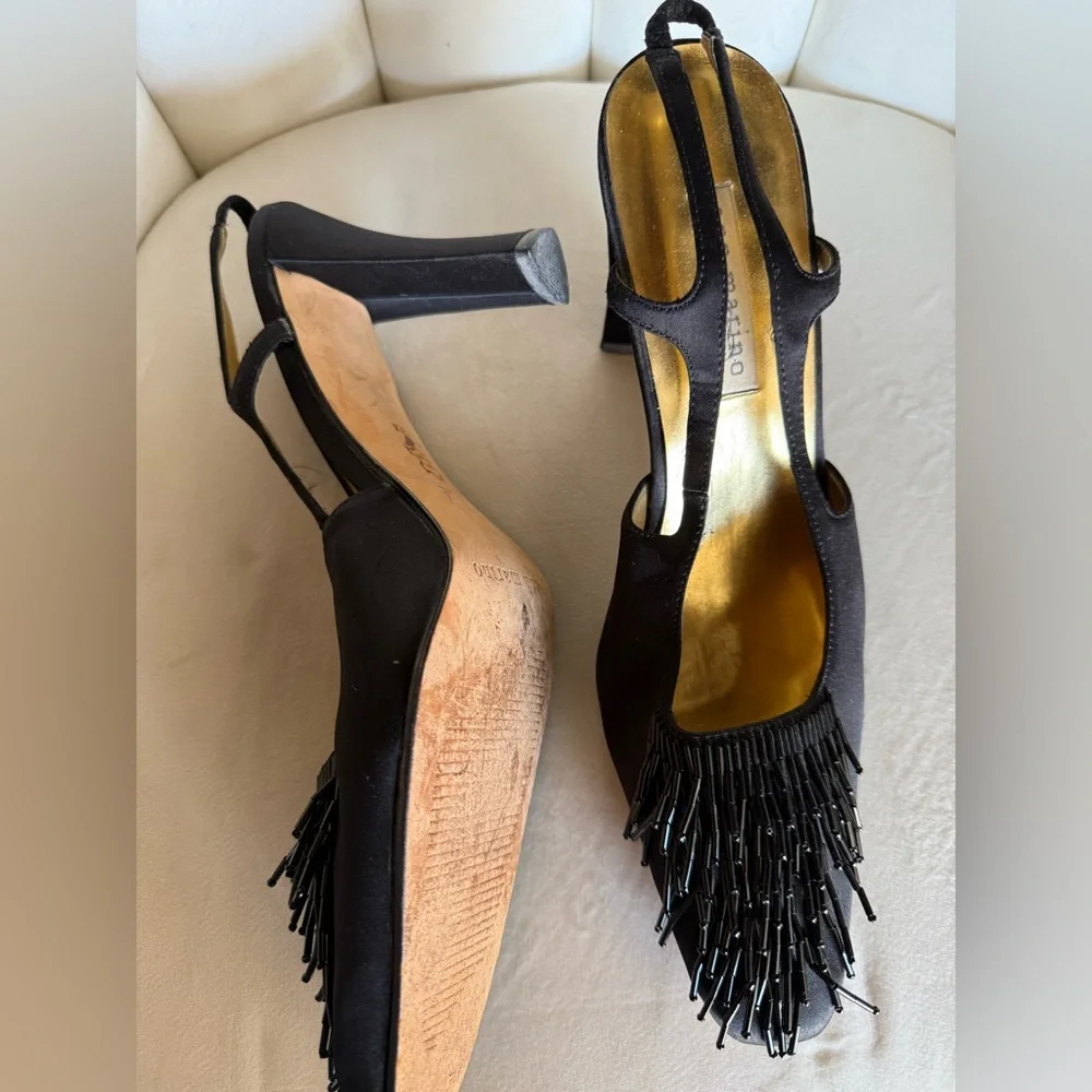 Vintage Ann Marino Black Fringe Slingback Heels - Picture 2 of 3